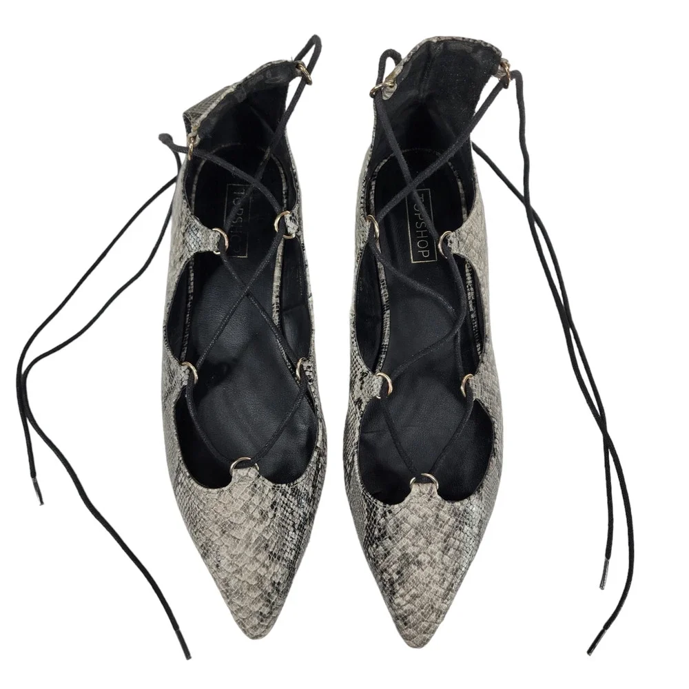 TOPSHOP Womens Kingdom Ghillie Gladiator Flats 8 Pointed‎ Snakeskin Faux Leather